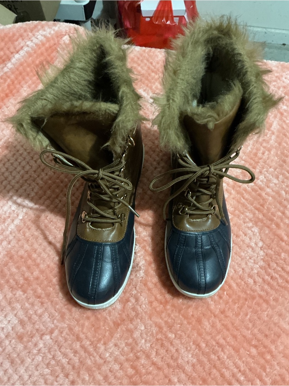 Marled Brown and Navy Faux Fur Trim Winter Duck Boots